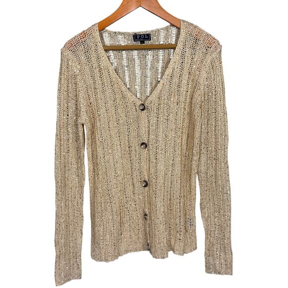 POL women’s Gold Sequined Cardigan Loose Knit Lightweight Button Size L - Picture 1 of 10
